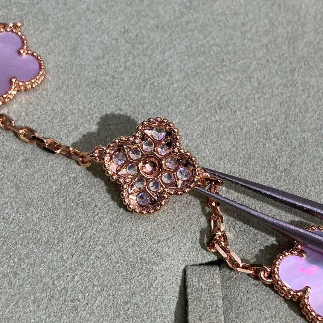 [Limara]CLOVER 10 MOTIFS DIAMOND PINK MOP NECKLACE