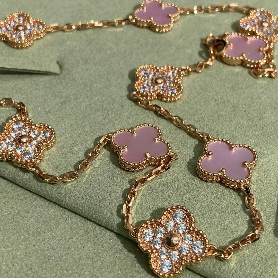 [Limara]CLOVER 10 MOTIFS DIAMOND PINK MOP NECKLACE