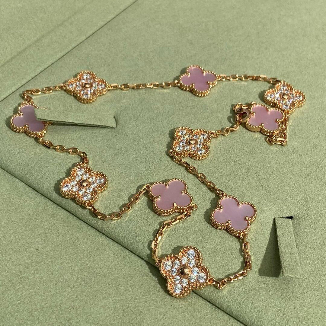 [Limara]CLOVER 10 MOTIFS DIAMOND PINK MOP NECKLACE