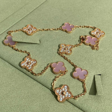 [Limara]CLOVER 10 MOTIFS DIAMOND PINK MOP NECKLACE
