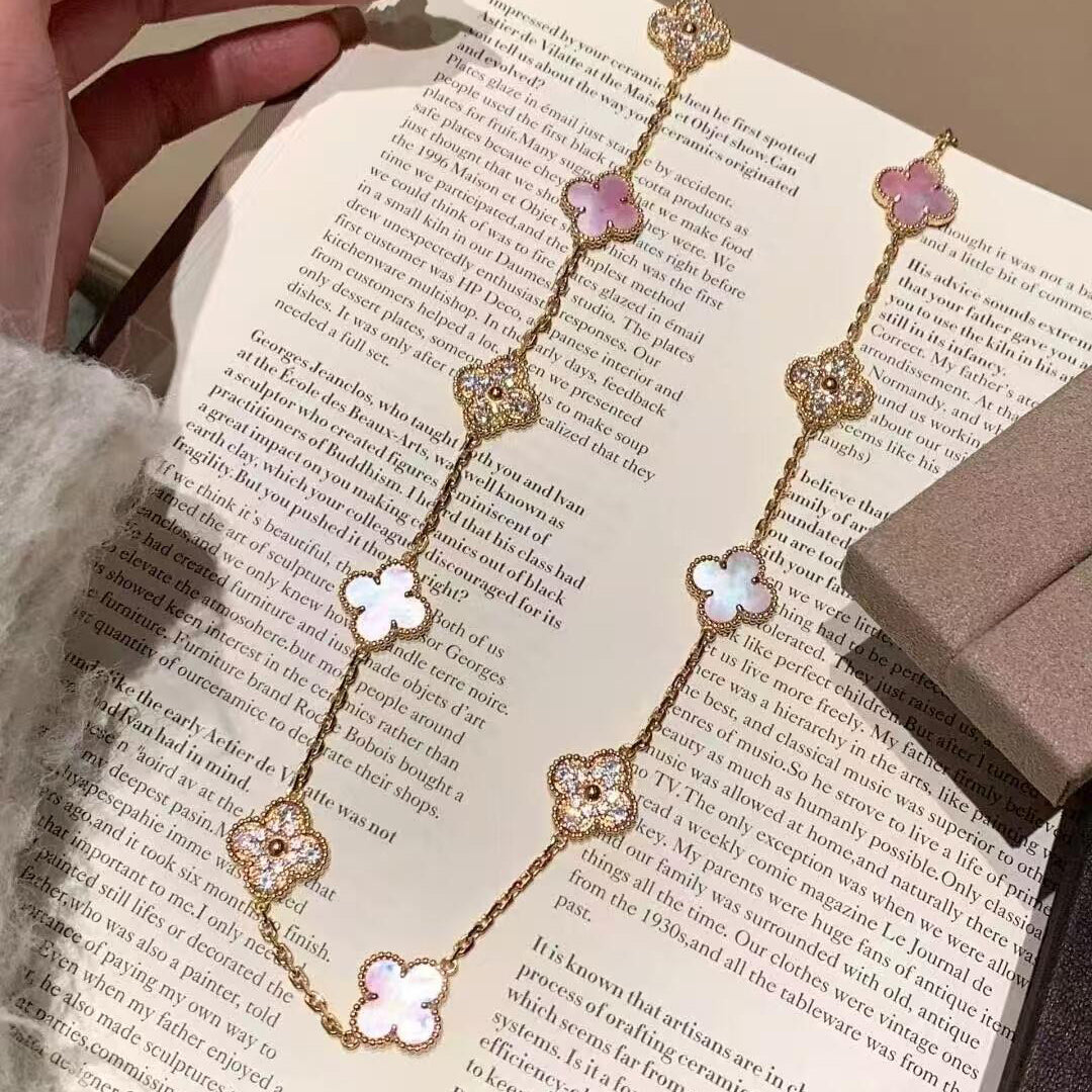 [Limara]CLOVER 10 MOTIFS DIAMOND PINK MOP NECKLACE