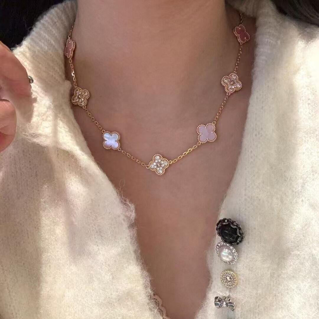 [Limara]CLOVER 10 MOTIFS DIAMOND PINK MOP NECKLACE