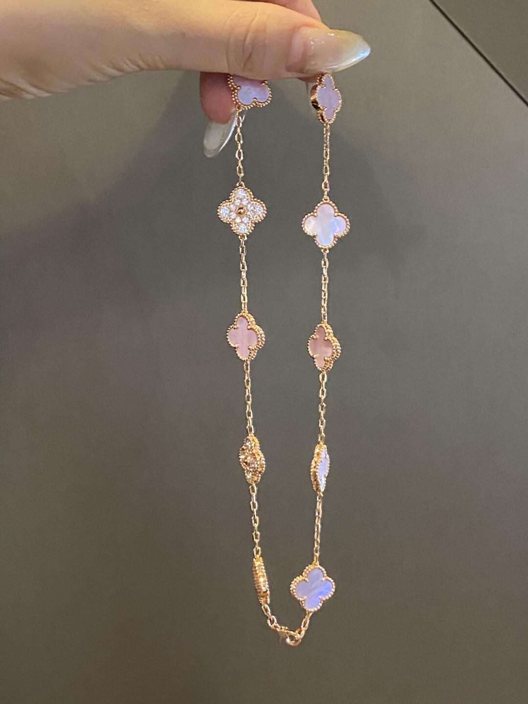 [Limara]CLOVER 10 MOTIFS DIAMOND PINK MOP NECKLACE