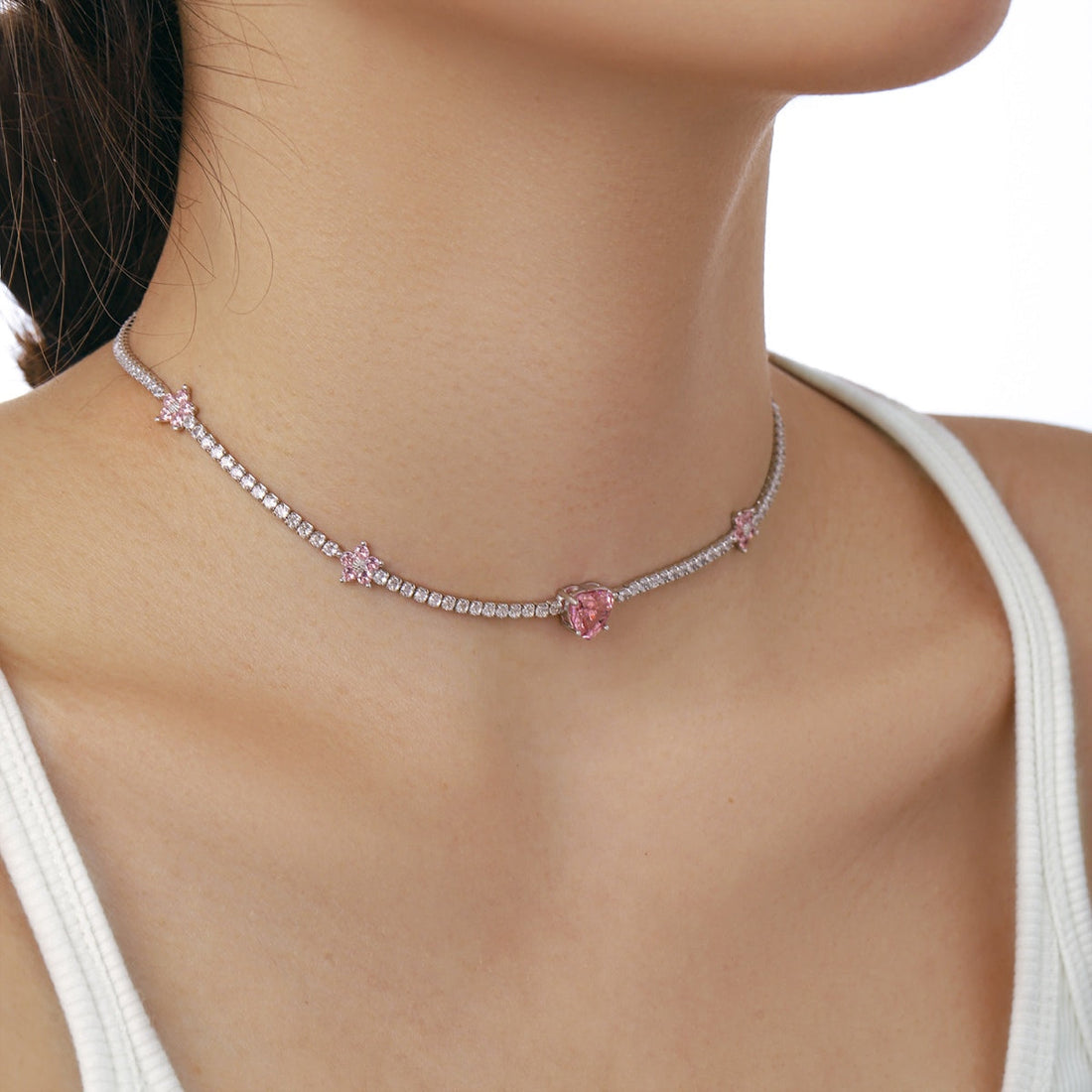 [Limara]Dazzling Pink Heart Flower Necklace