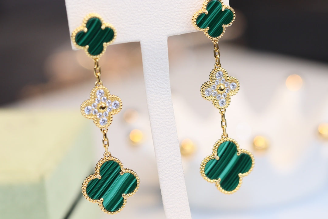 [Limara]CLOVER EARRINGS GOLD MALACHITE DIAMOND 3 MOTIF
