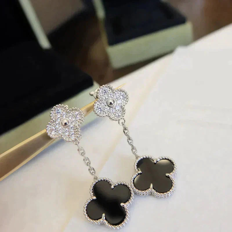 [Limara]CLOVER 2 MOTIFS  DIAMOND ONYX EARRINGS SILVER