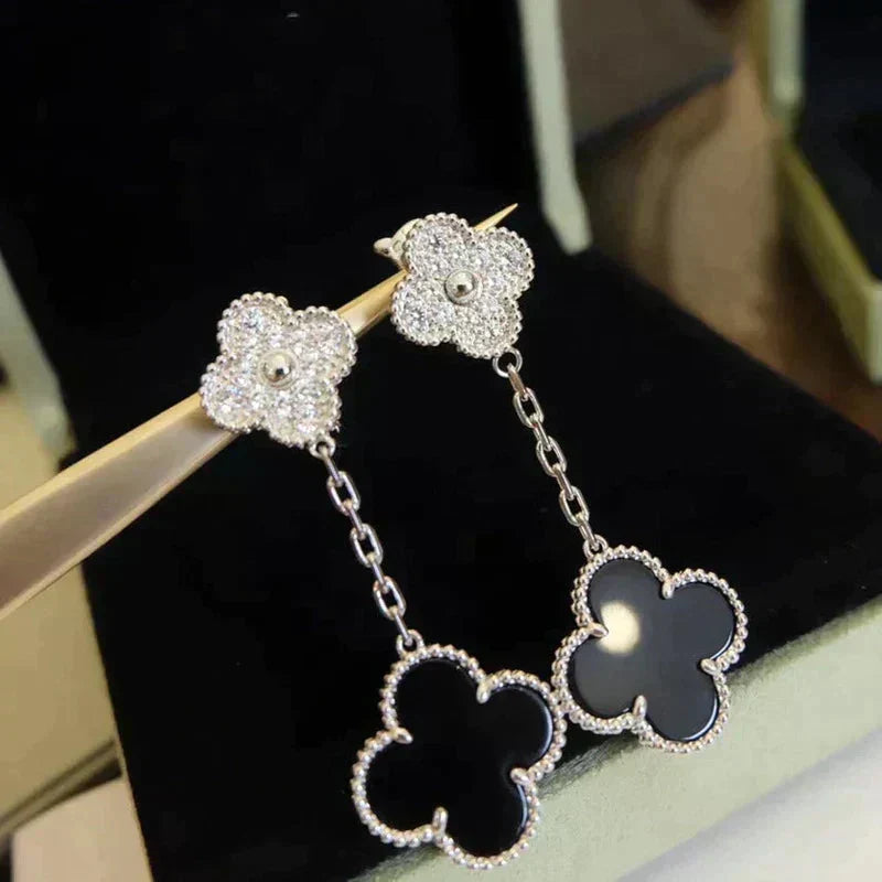 [Limara]CLOVER 2 MOTIFS  DIAMOND ONYX EARRINGS SILVER