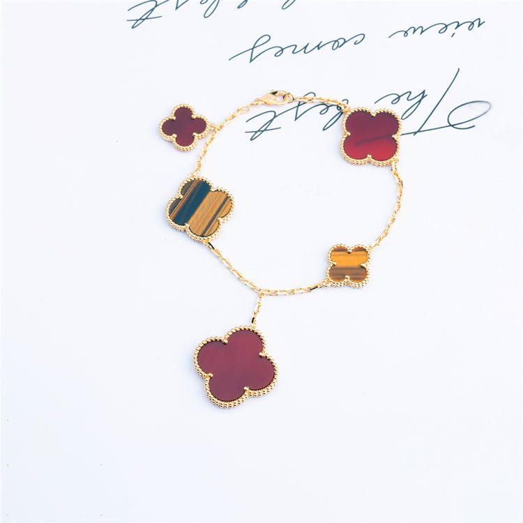 [Limara]CLOVER BRACELET 5 MOTIFS CARNELIAN TIGER EYE