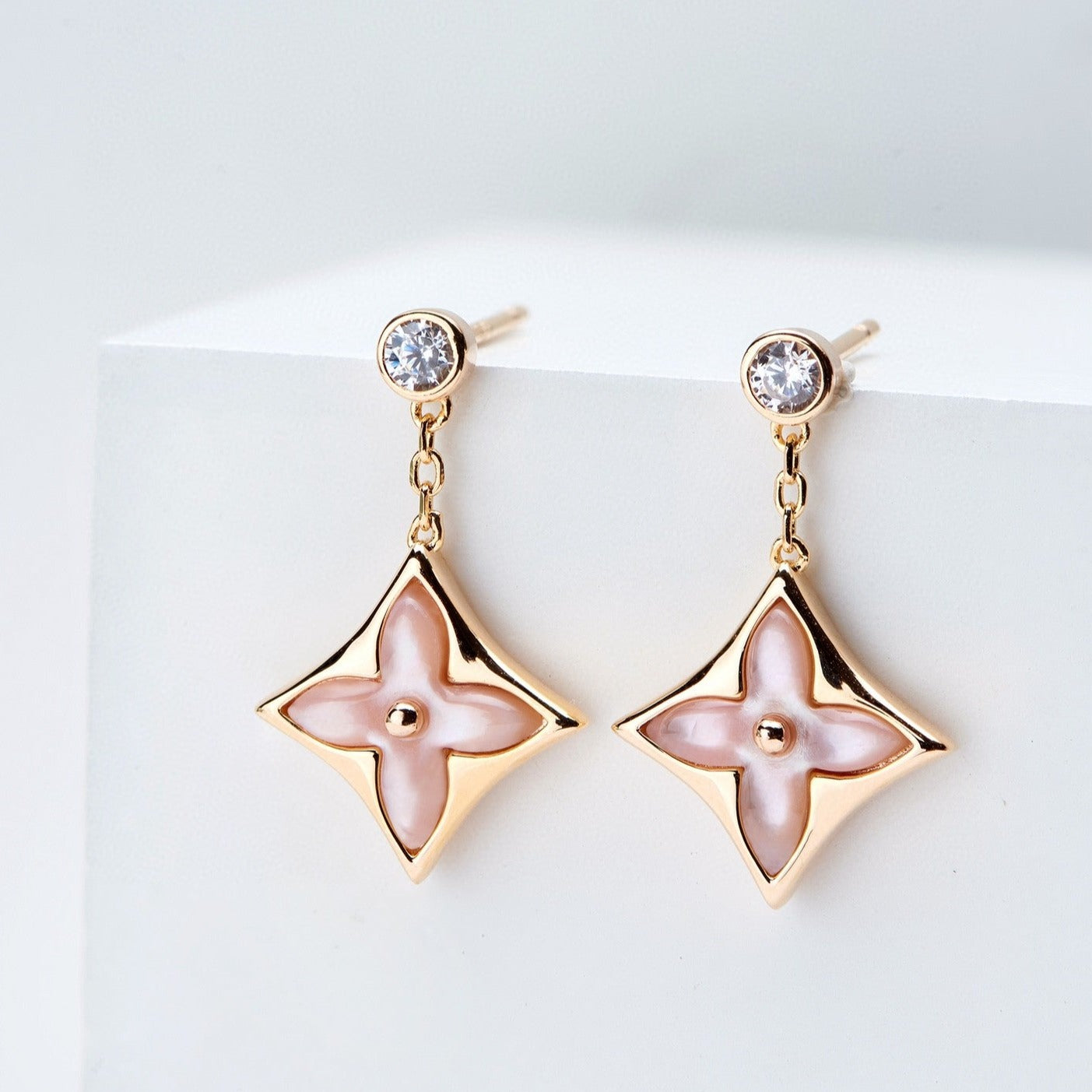 [Limara]DOUBLE STAR ROSE GOLD MOP DROP EARRINGS