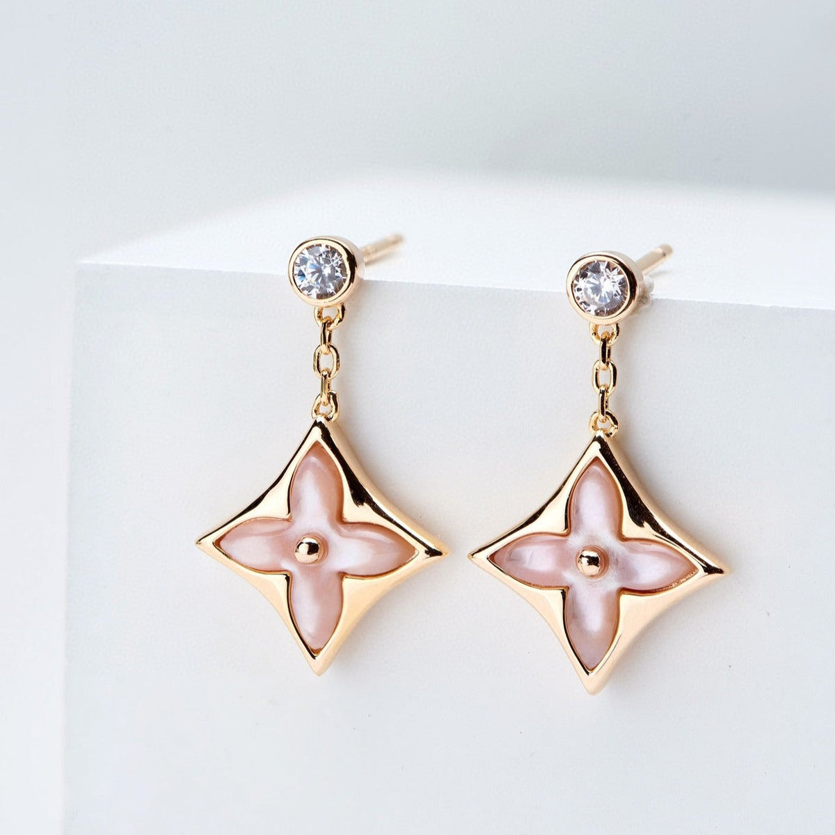 [Limara]DOUBLE STAR PINK GOLD MOP DROP EARRINGS