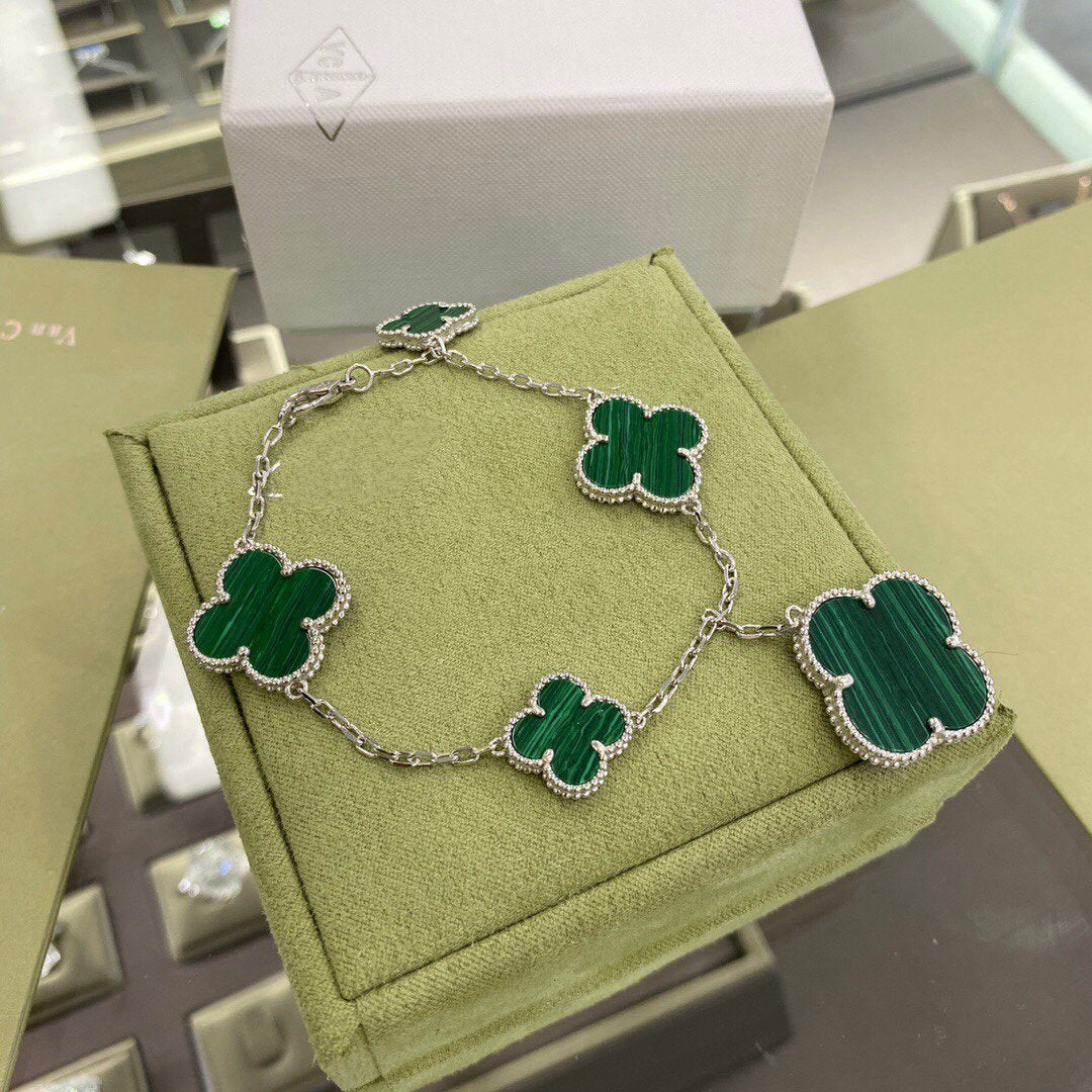 [Limara]CLOVER 5 MOTIFS SIVLER MALACHITE BRACELET