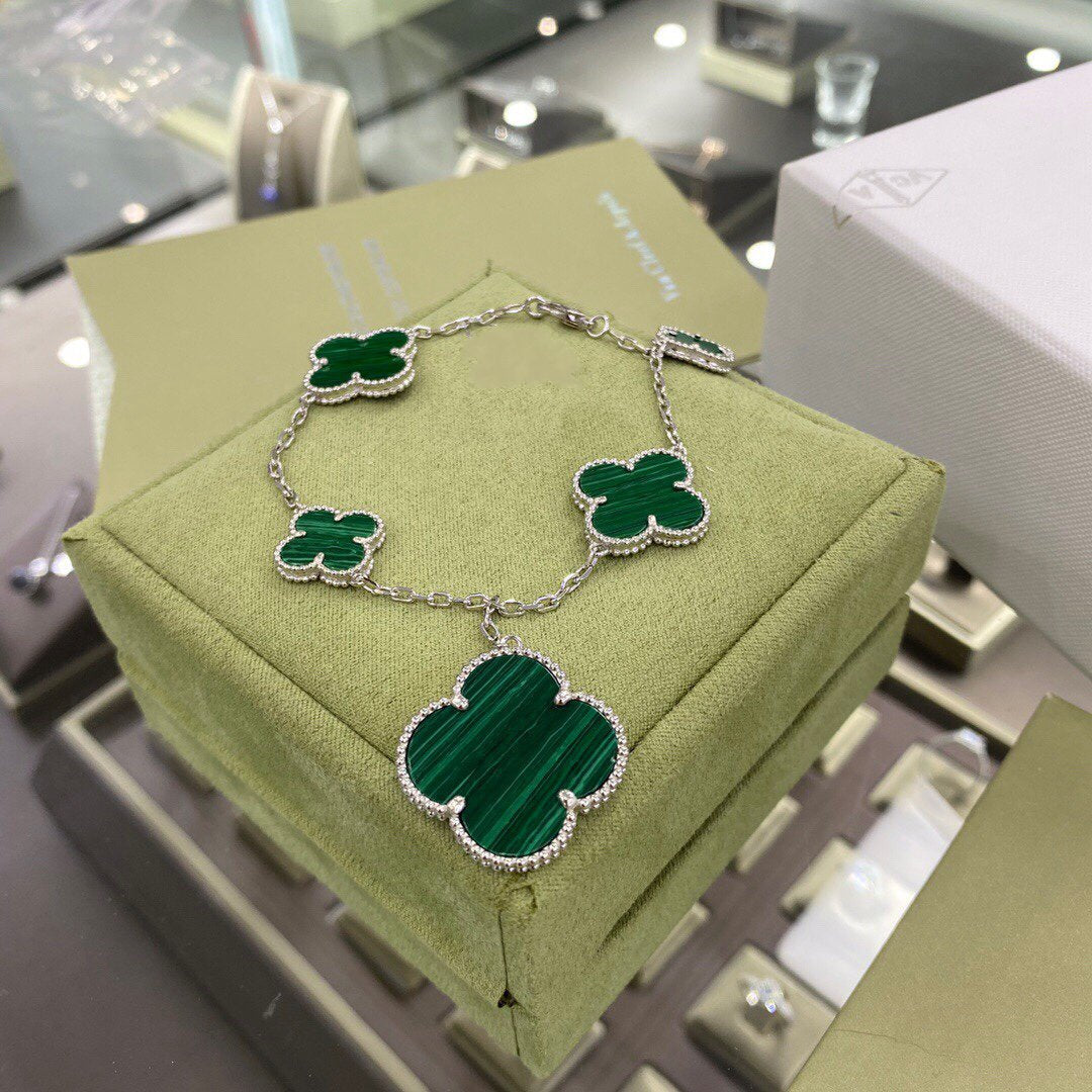 [Limara]CLOVER 5 MOTIFS SIVLER MALACHITE BRACELET
