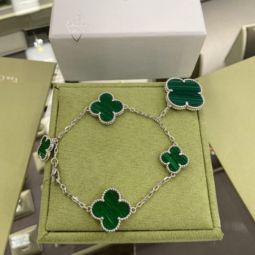 [Limara]CLOVER 5 MOTIFS SIVLER MALACHITE BRACELET