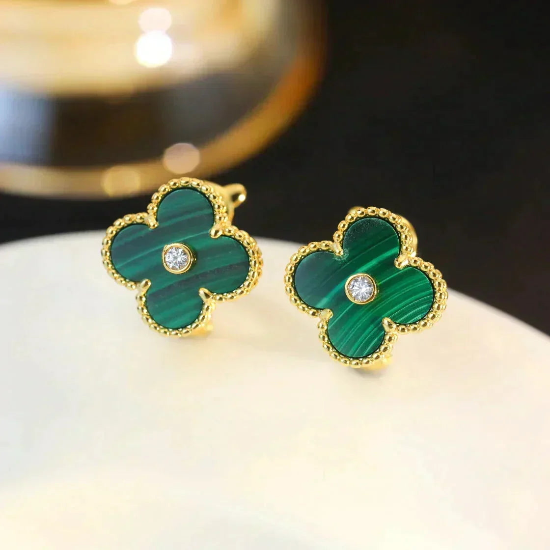 [Limara]CLOVER MEDIUM 1 MOTIFS MALACHITE DIAMOND EARRINGS