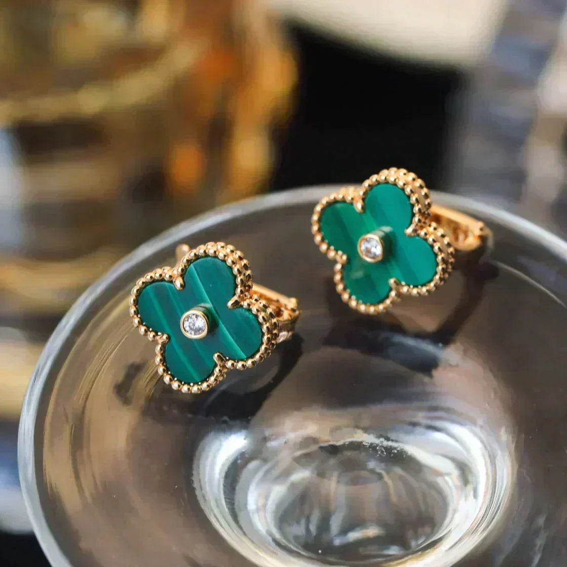 [Limara]CLOVER MEDIUM 1 MOTIFS MALACHITE DIAMOND EARRINGS
