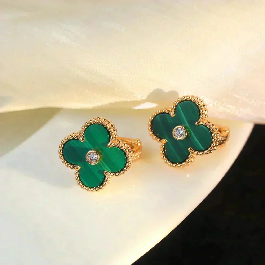[Limara]CLOVER MEDIUM 1 MOTIFS MALACHITE DIAMOND EARRINGS