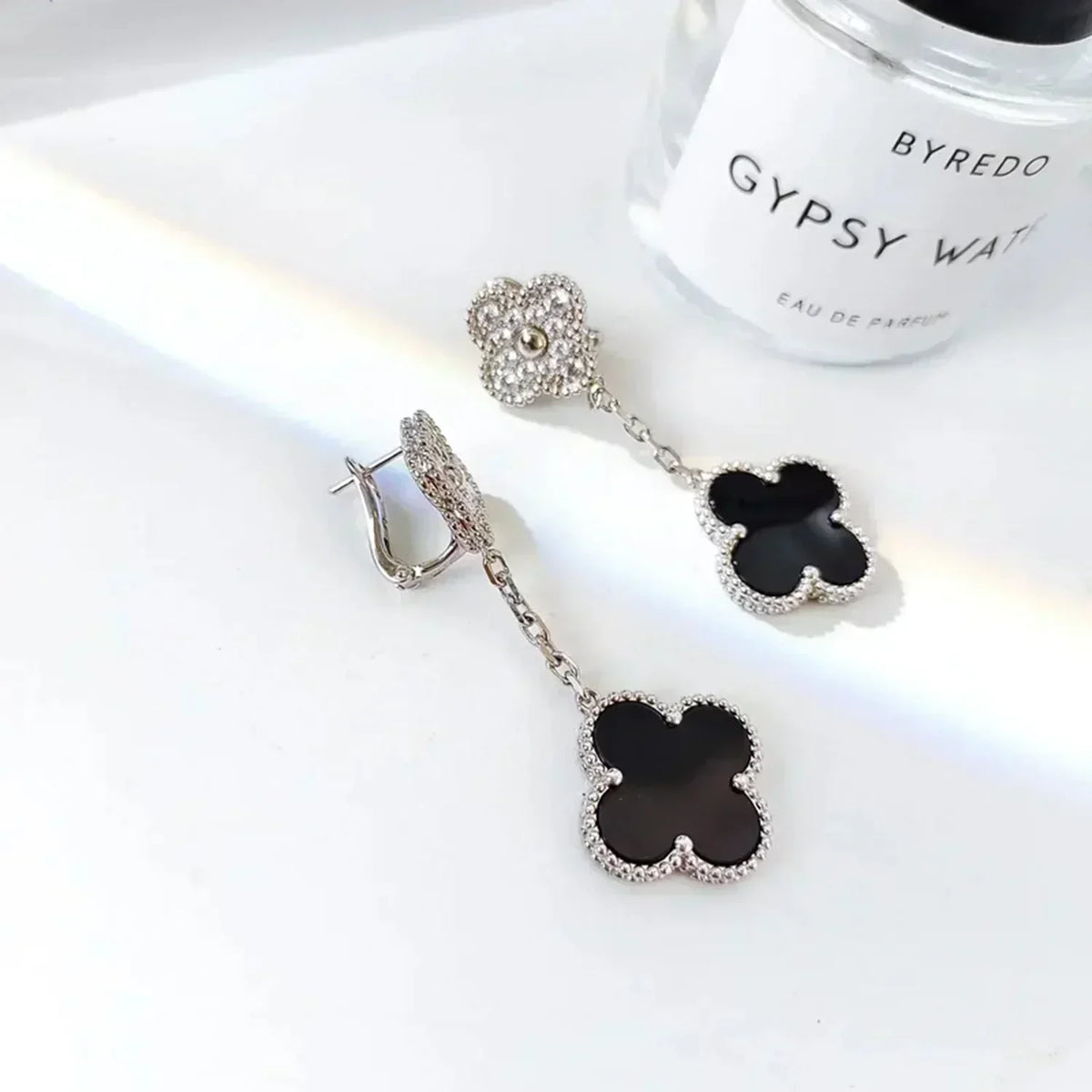 [Limara]CLOVER 2 MOTIFS  DIAMOND ONYX EARRINGS SILVER