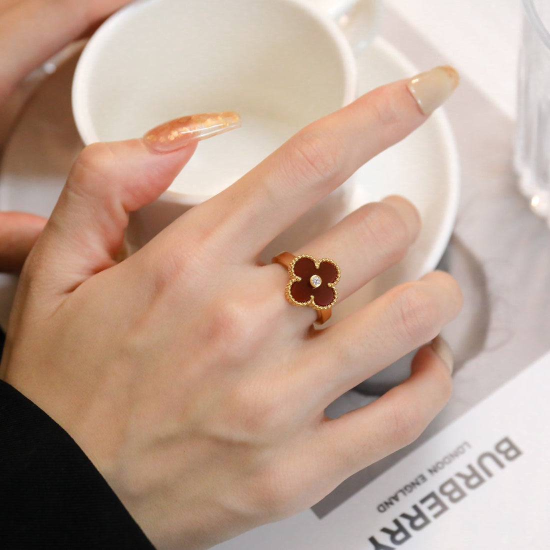 [Limara]CLOVER CARNELIAN RING ROSE GOLD DIAMOND