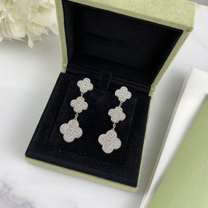[Limara]CLOVER 3 MOTIF DIAMOND SILVER DROP EARRINGS