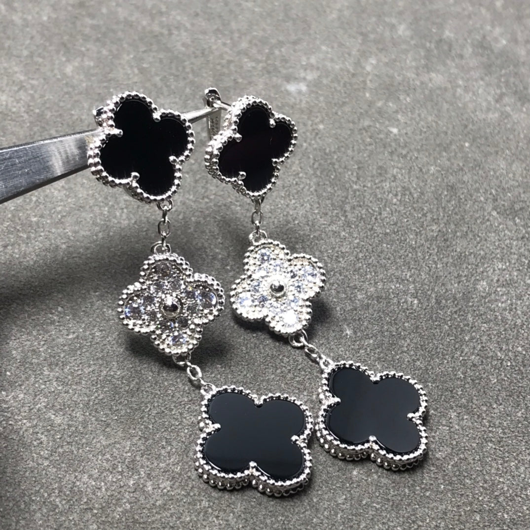 [Limara]CLOVER 3 MOTIF DIAMOND ONYX SILVER EARRINGS