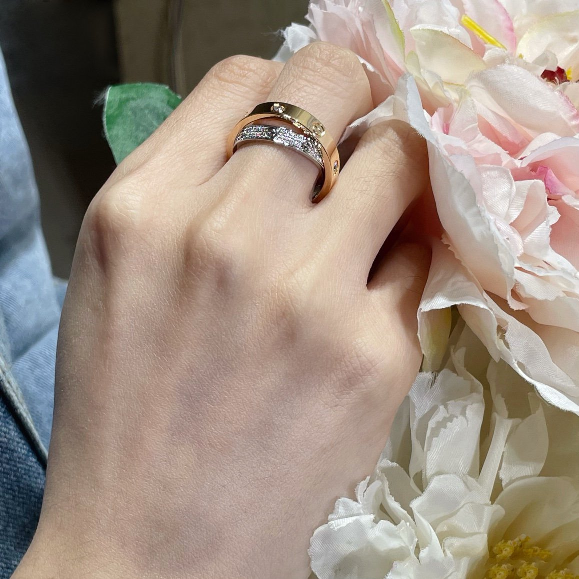 [Limara] LOVE PINK GOLD SILVER DIAMOND DOUBLE RING