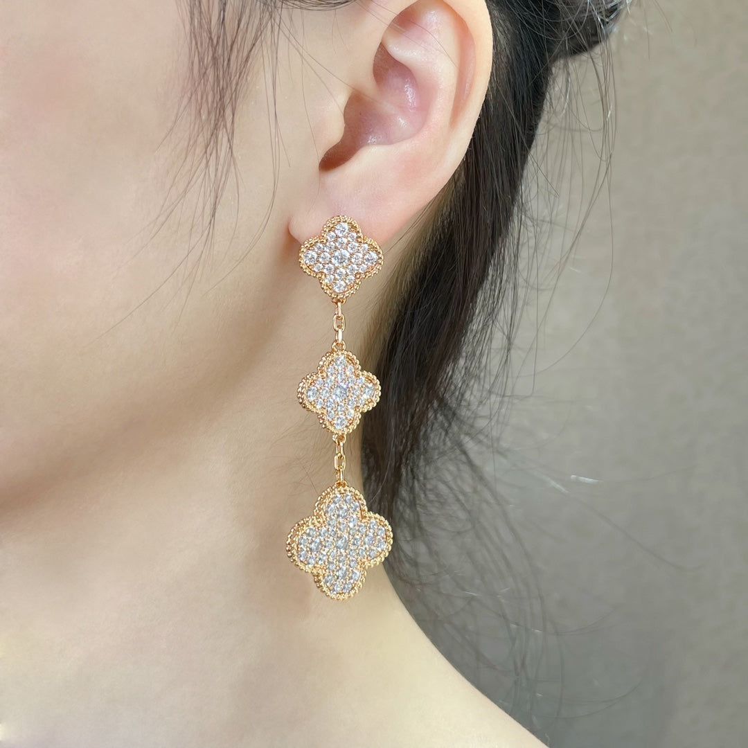 [Limara]CLOVER 3 MOTIFS DIAMOND PAVED ROSE GOLD EARRINGS