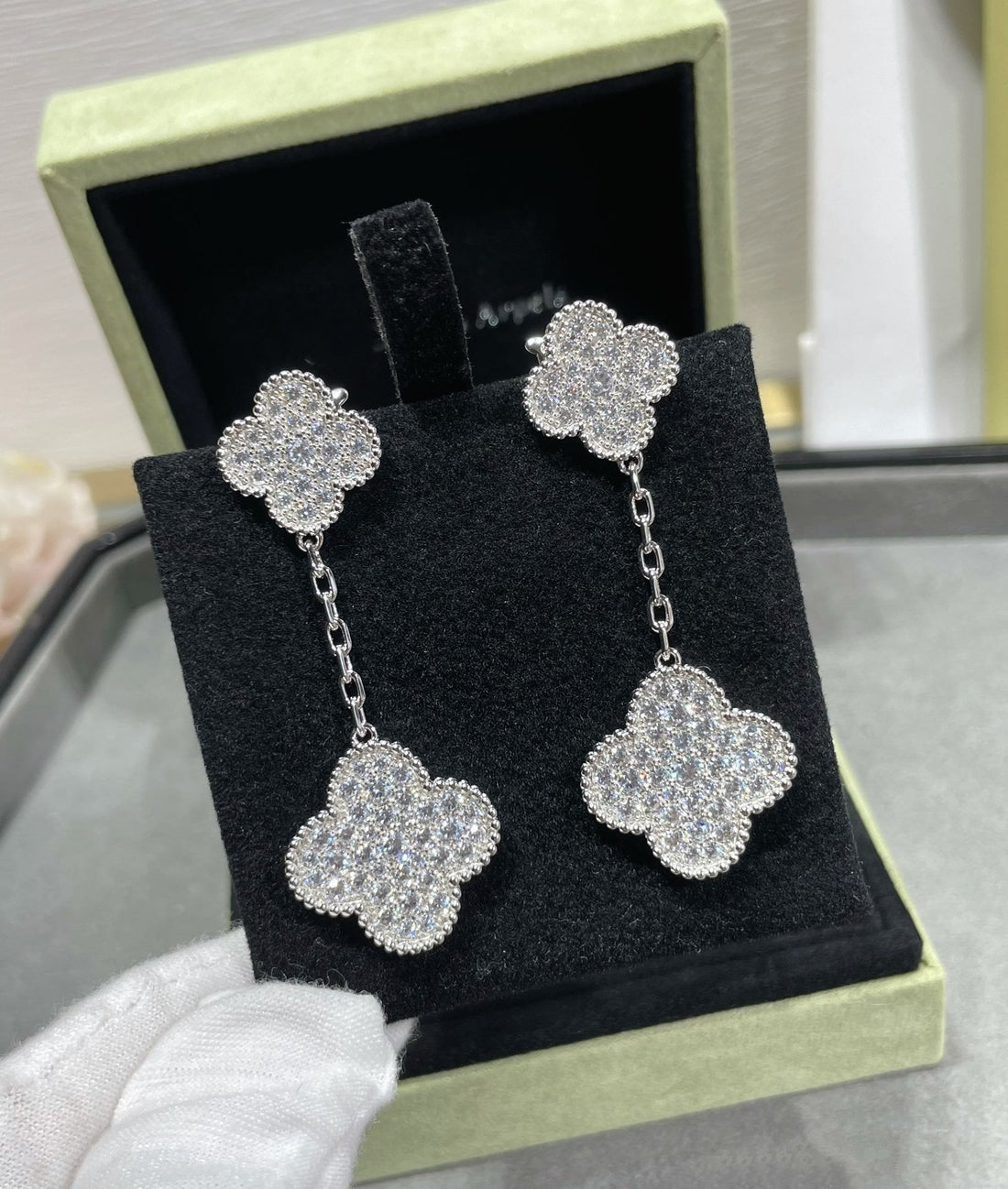 [Limara]CLOVER 2 MOTIFS DIAMOND PAVED SILVER EARRINGS