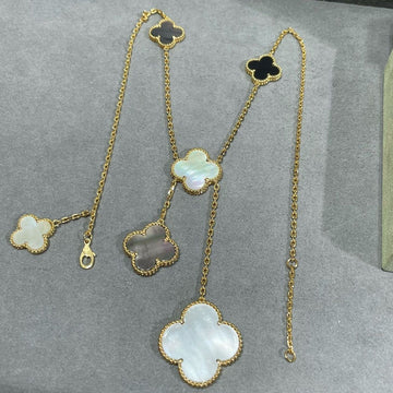 [Limara]CLOVER 6 MOTIF MOP ONYX GOLD NECKLACE