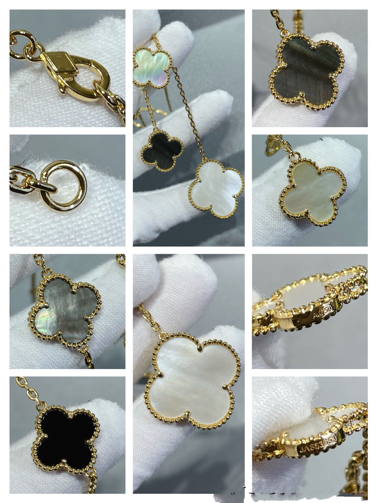 [Limara]CLOVER 6 MOTIF MOP ONYX GOLD NECKLACE