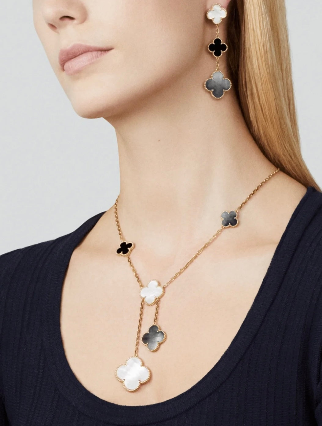 [Limara]CLOVER 3 MOTIF MOP ONYX DARK MOP PINK GOLD EARRINGS
