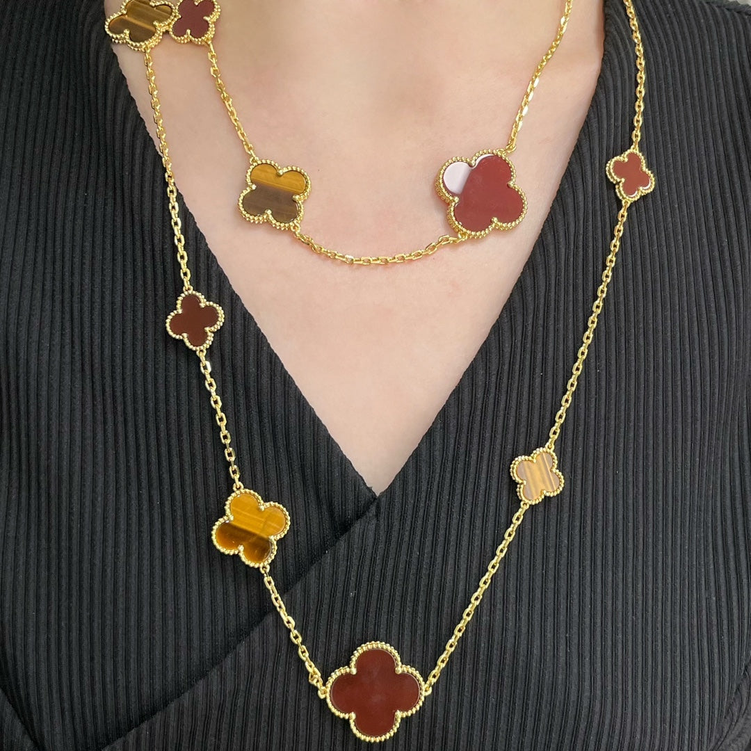 [Limara]CLOVER 16 MOTIF CARNELIAN TIGER EYE ROSE GOLD NECKLACE