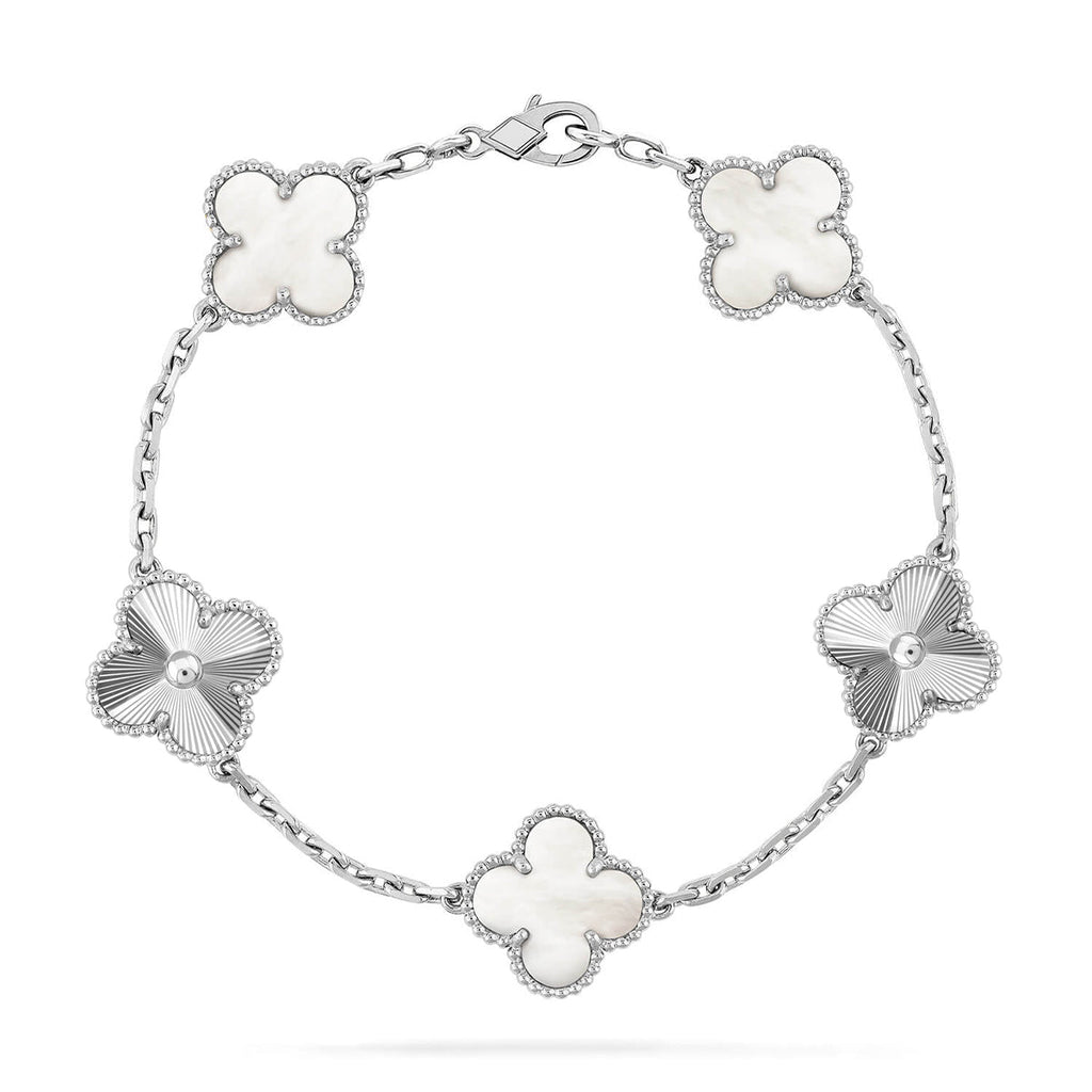 [Limara]LUCKY CLOVER 5-MOTIF-ARMBAND – WEISSES PERLMUTT-KOLLEKTION