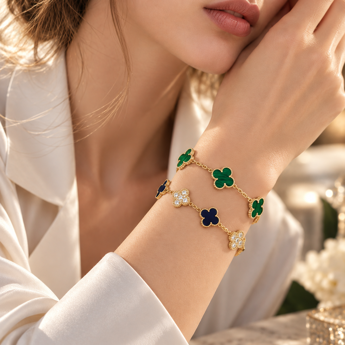 [Limara]Clover 5-Motif Malachite & Pietersite Bracelet Stack Set