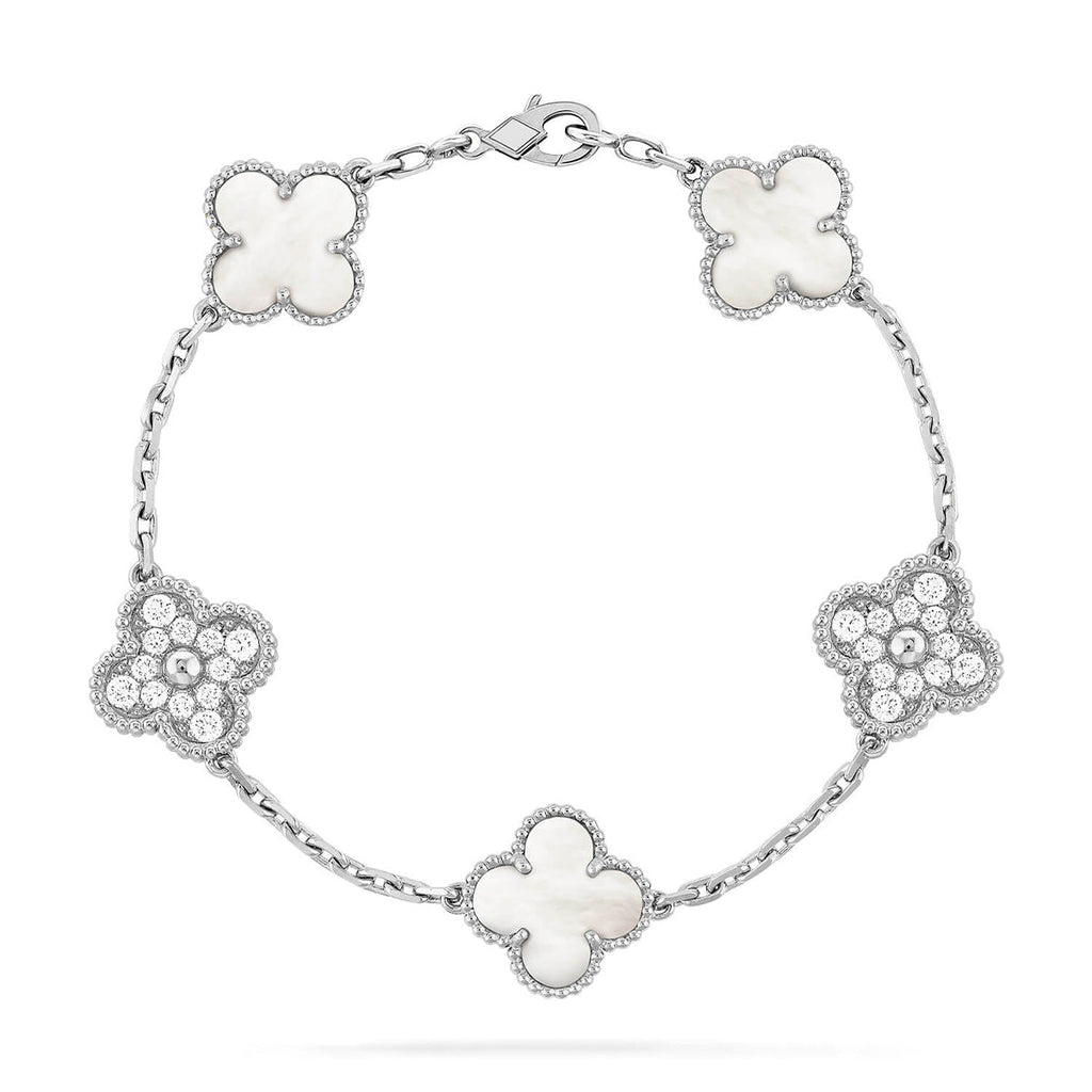 [Limara]LUCKY CLOVER 5-MOTIF-ARMBAND – WEISSES PERLMUTT-KOLLEKTION