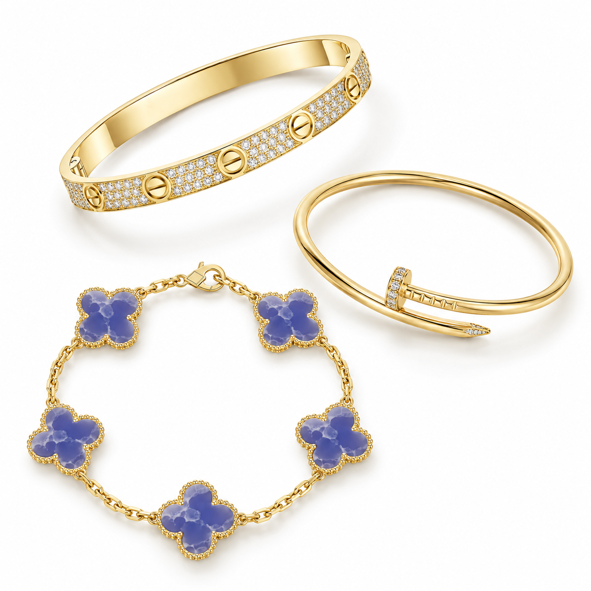 [Limara] LOVE & JUSTE & Blue Veins Clover 5-Motif Diamond Bracelet Stack Set