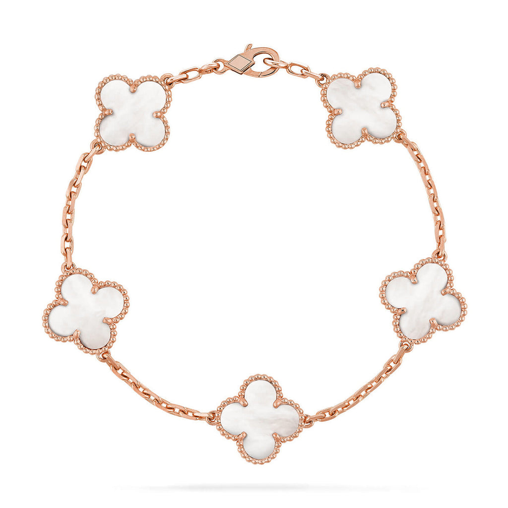 [Limara]LUCKY CLOVER 5-MOTIF-ARMBAND – WEISSES PERLMUTT-KOLLEKTION