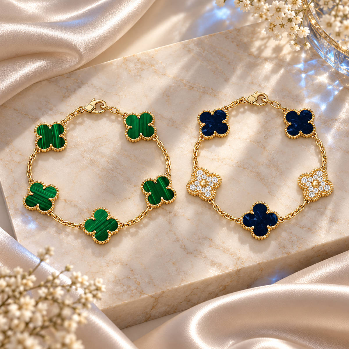 [Limara]Clover 5-Motif Malachite & Pietersite Bracelet Stack Set