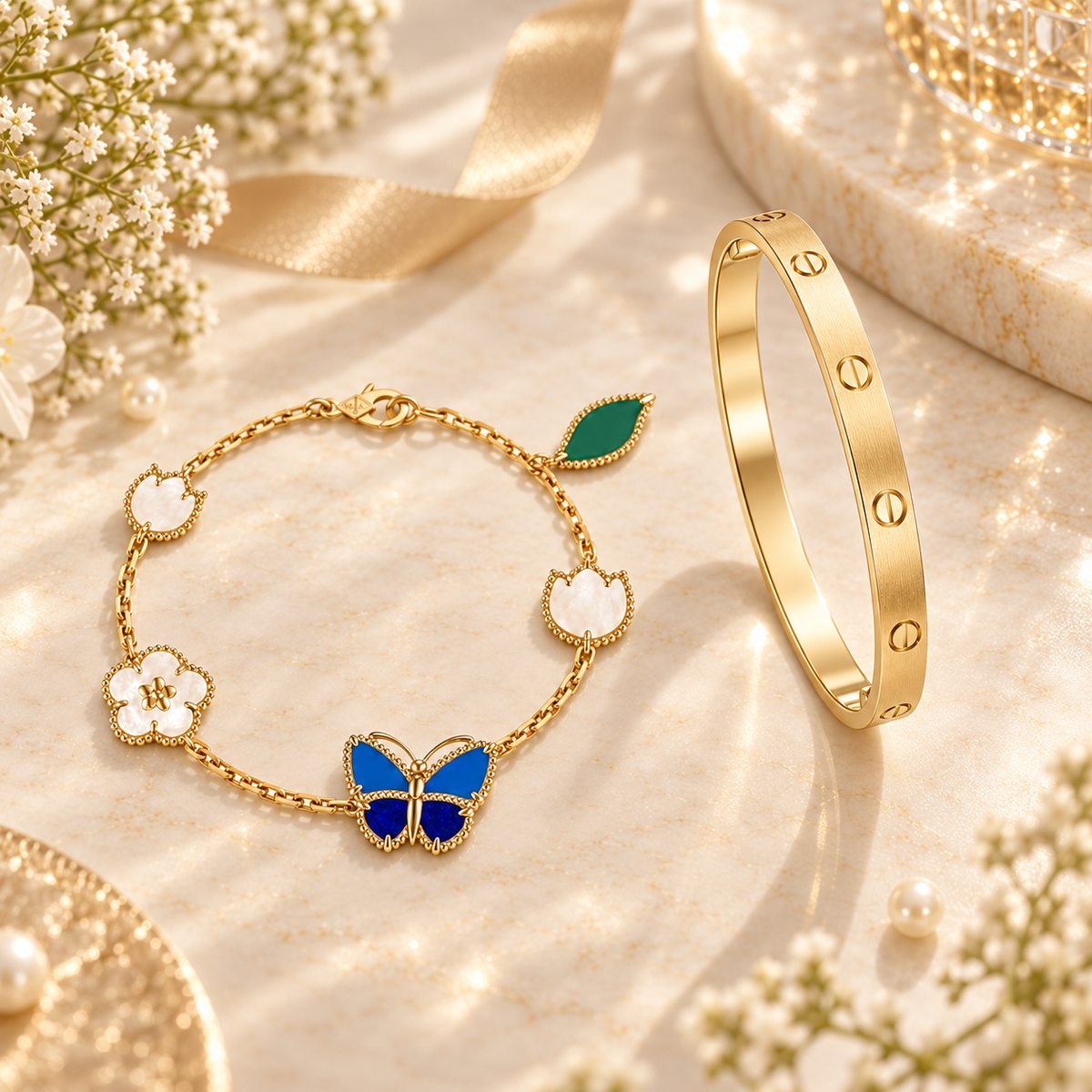[Limara] LOVE Brushed & Lucky Spring Butterfly 5-Motif Bracelet Stack Set