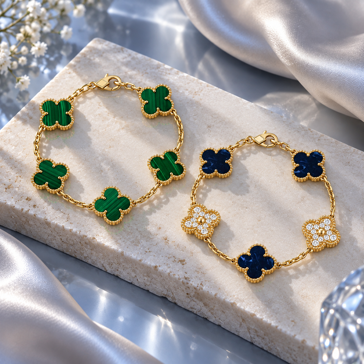 [Limara]Clover 5-Motif Malachite & Pietersite Bracelet Stack Set