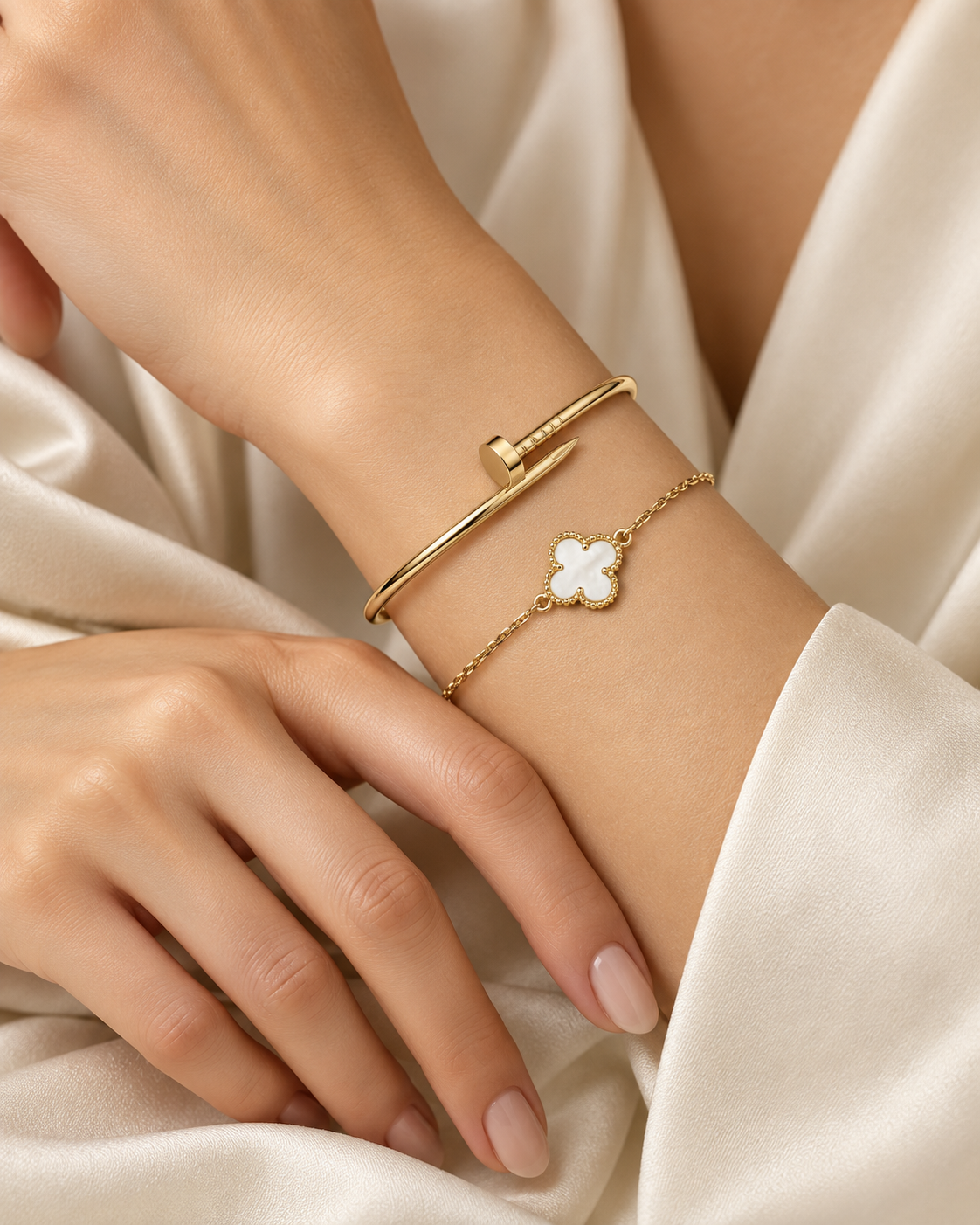 [Limara] Clover White Mother-of-Pearl & JUSTE Bracelet Stack Set