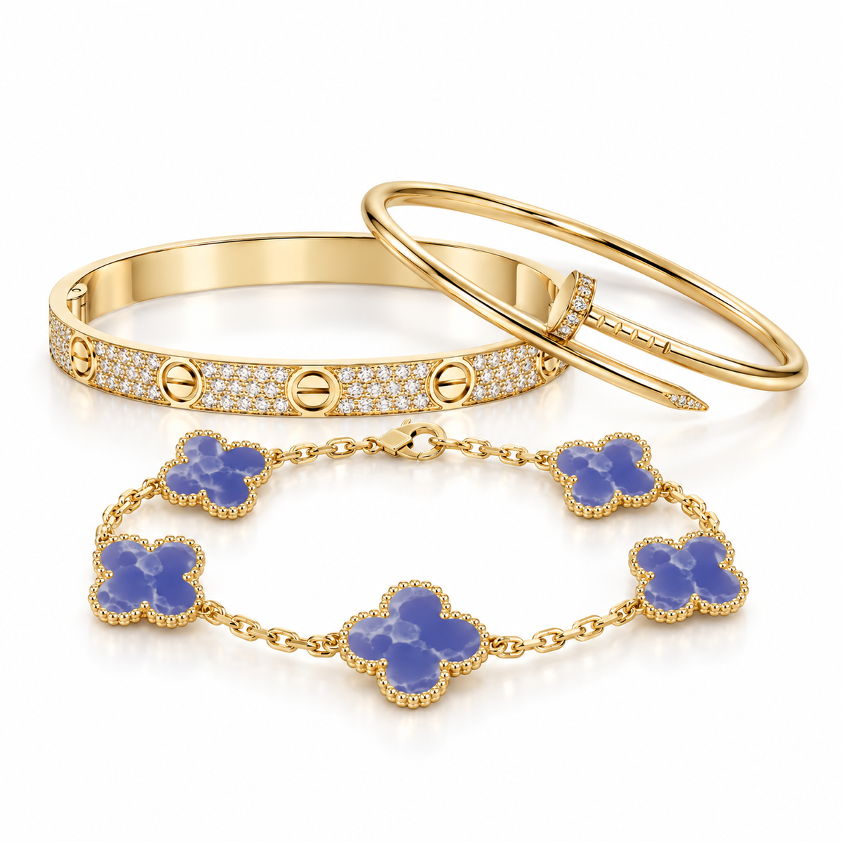 [Limara] LOVE & JUSTE & Blue Veins Clover 5-Motif Diamond Bracelet Stack Set