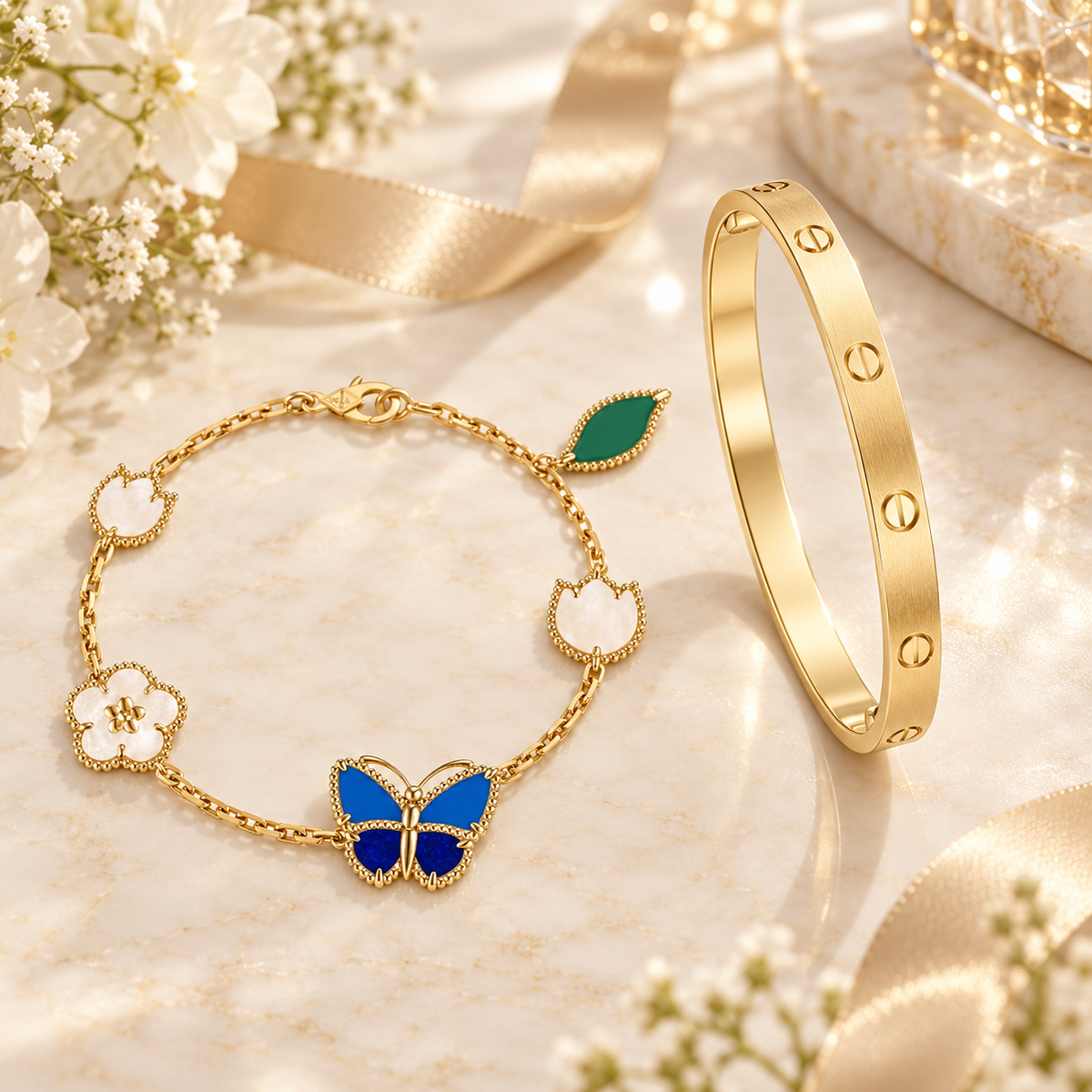[Limara] LOVE Brushed & Lucky Spring Butterfly 5-Motif Bracelet Stack Set
