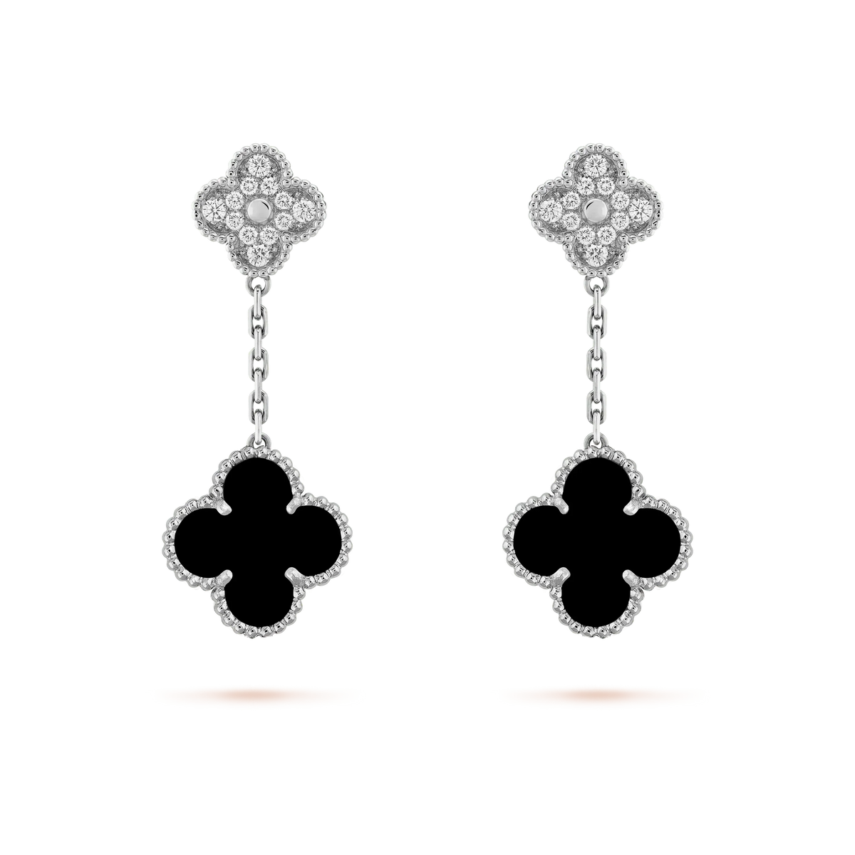 [Limara]CLOVER 2 MOTIFS  DIAMOND ONYX EARRINGS SILVER