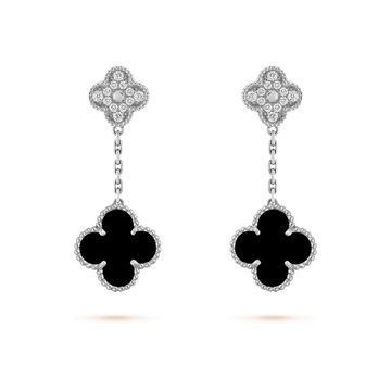 [Limara]CLOVER 2 MOTIFS  DIAMOND ONYX EARRINGS SILVER