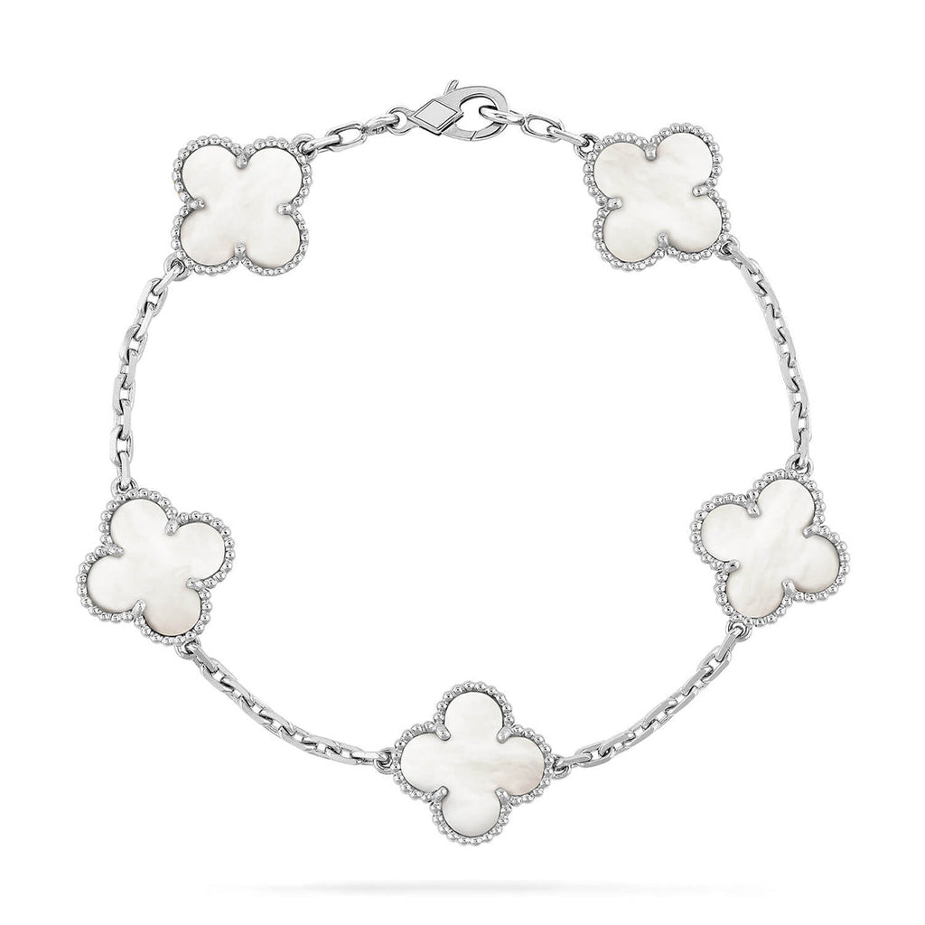 [Limara]LUCKY CLOVER 5-MOTIF-ARMBAND – WEISSES PERLMUTT-KOLLEKTION