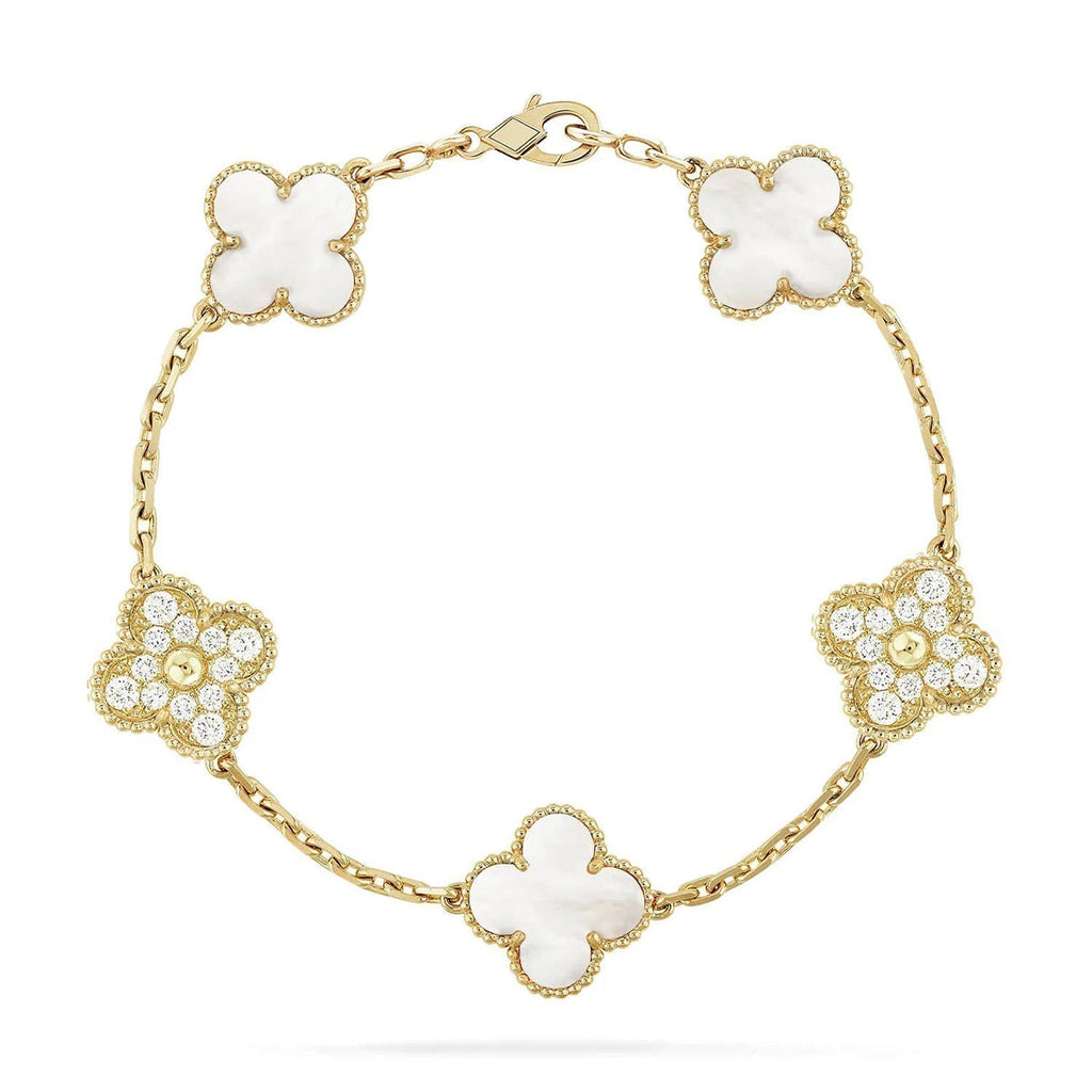[Limara]LUCKY CLOVER 5-MOTIF-ARMBAND – WEISSES PERLMUTT-KOLLEKTION