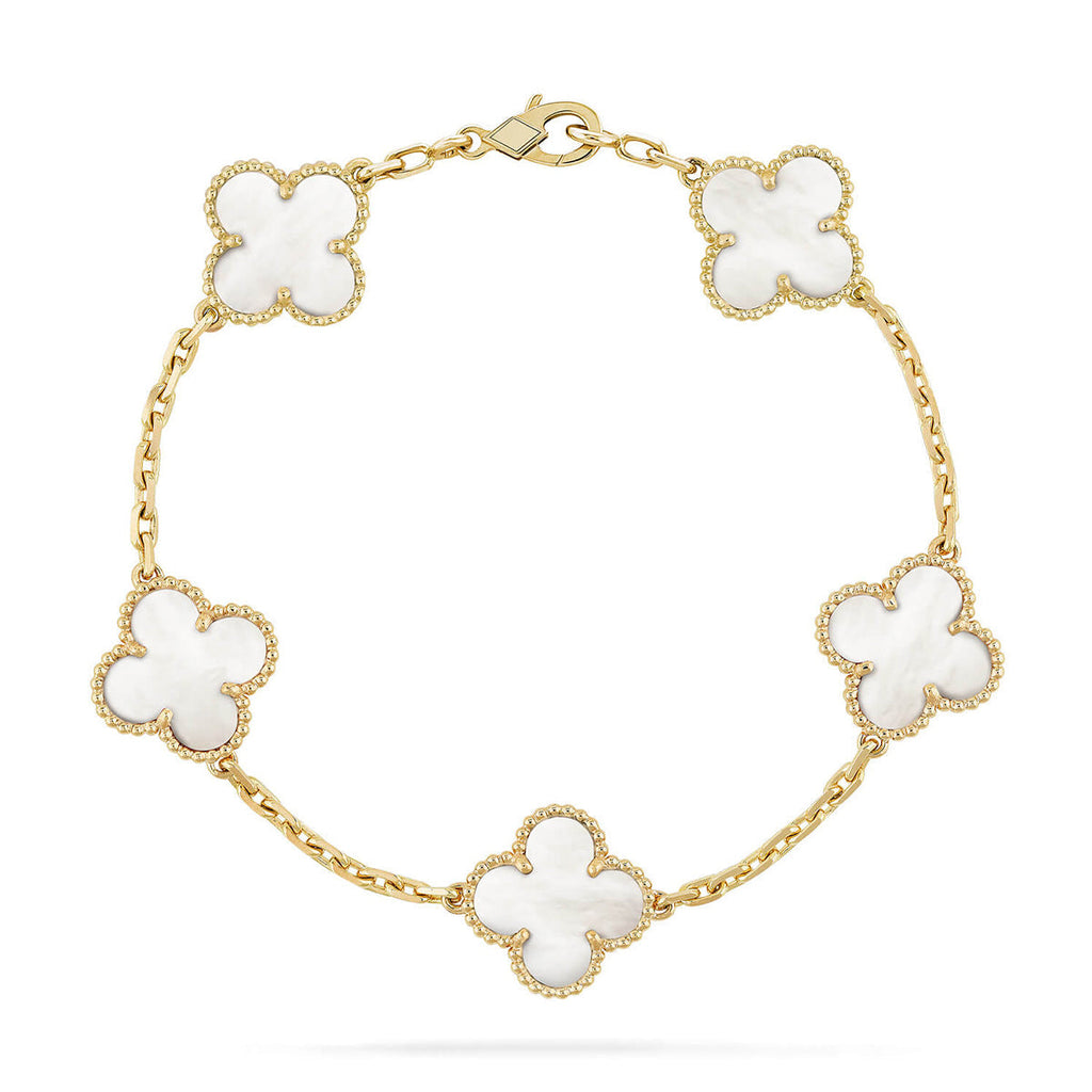 [Limara]LUCKY CLOVER 5-MOTIF-ARMBAND – WEISSES PERLMUTT-KOLLEKTION