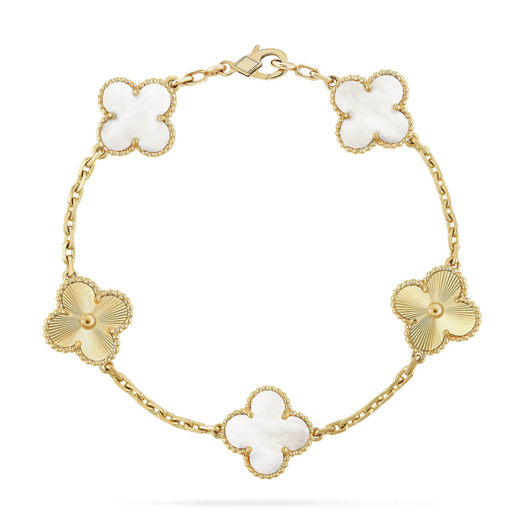 [Limara]LUCKY CLOVER 5-MOTIF-ARMBAND – WEISSES PERLMUTT-KOLLEKTION