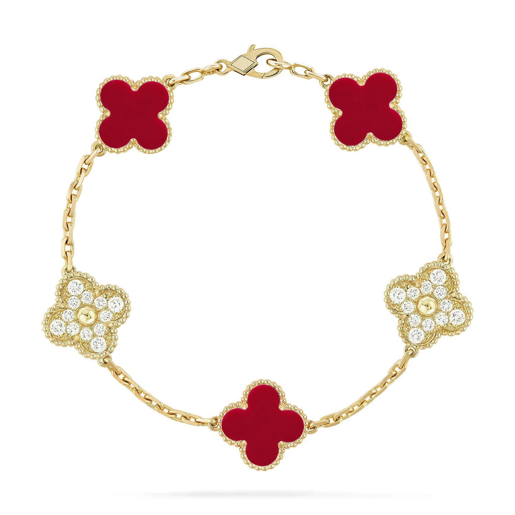 [Limara]LUCKY CLOVER 5-MOTIF-ARMBAND – KOLLEKTION ROTER KARNEOL