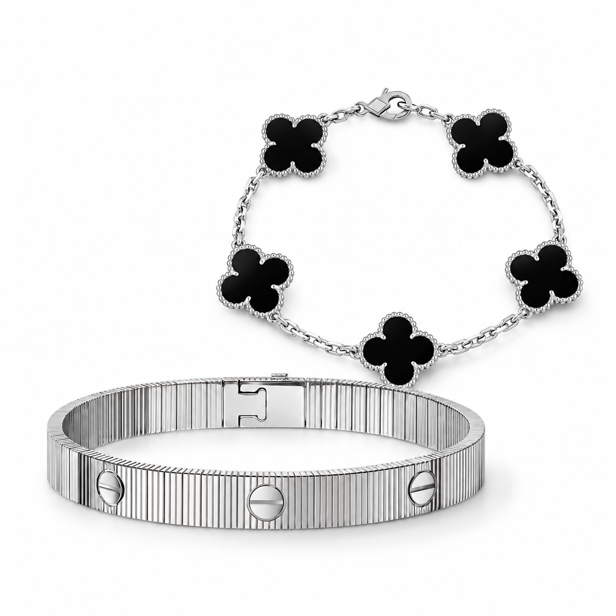 [Limara]Clover & Love Sliver 2-Piece Bracelet Stack Set